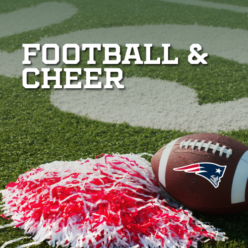 A logo for football and cheer with a cheerleader and a football