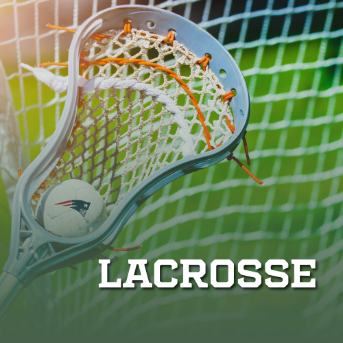 A lacrosse logo with two crossed lacrosse sticks on a blue background.