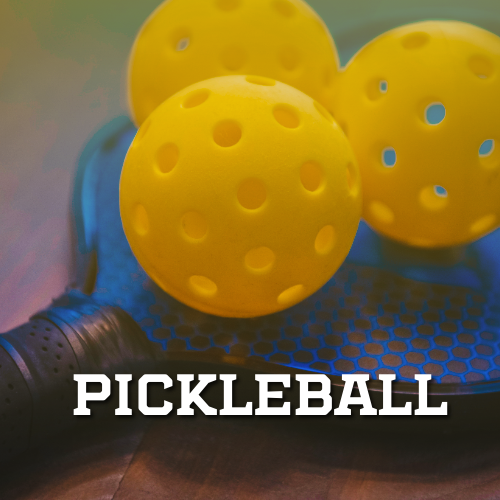 A pickleball logo with a paddle and ball on a blue background.