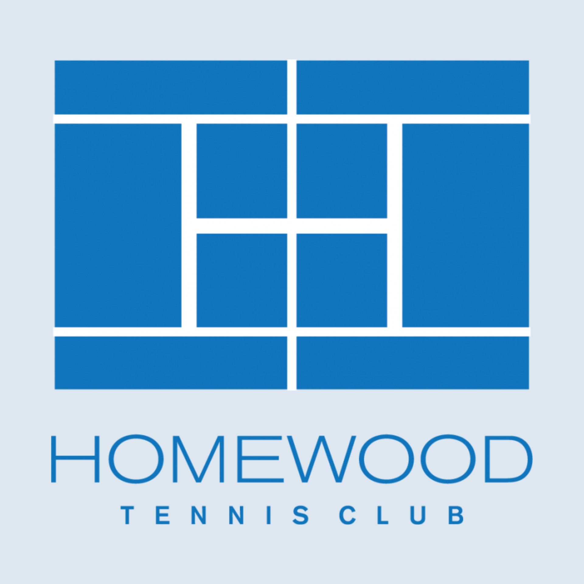 The homewood tennis club logo is blue and white and looks like a tennis court.