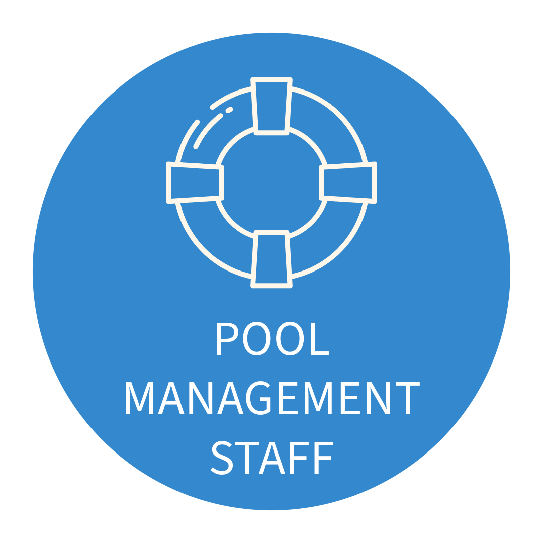 A blue circle with a life preserver and the words pool management staff written on it.