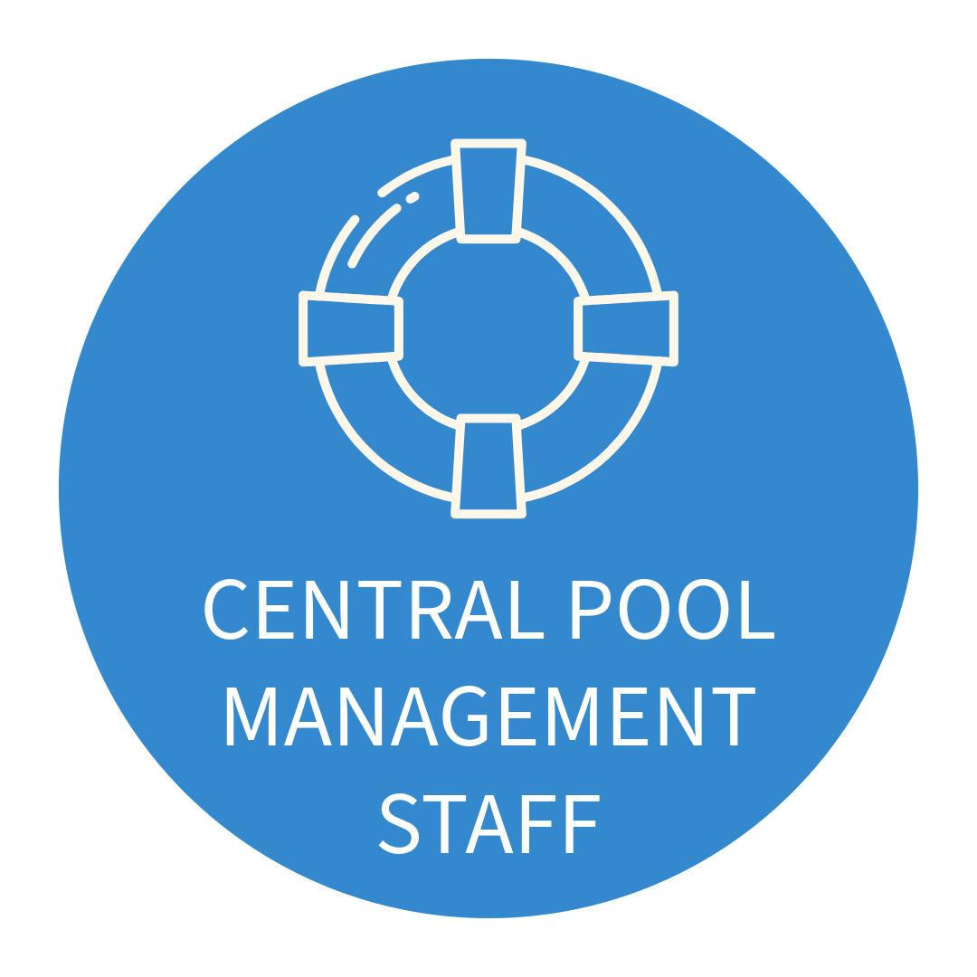 A blue circle with the words central pool management staff on it