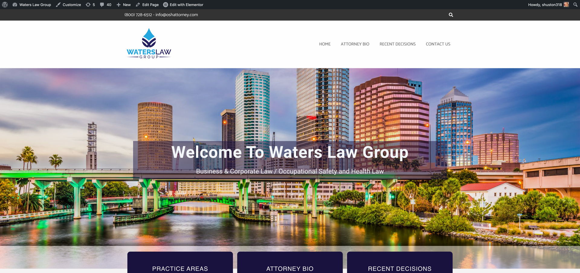 the website for waters law group shows a city skyline and a river .