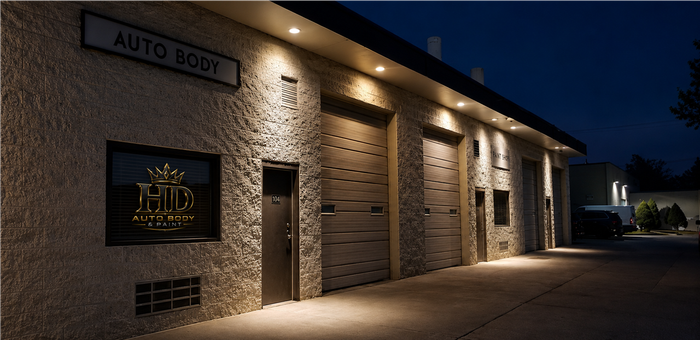 Brick auto body shop exterior at dusk, lit by warm wall lights under a dark blue sky