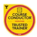 A yellow circle with the words `` course conductor verified trusted trainer '' on it.