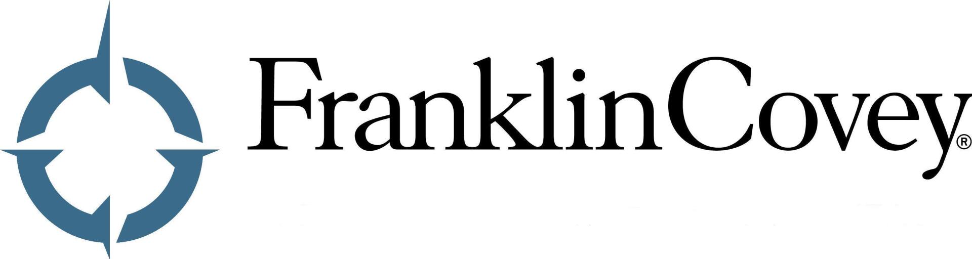 The franklin covey logo is a blue circle with a compass on it.