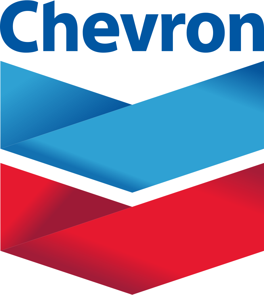 The chevron logo has a red , blue and white chevron arrow