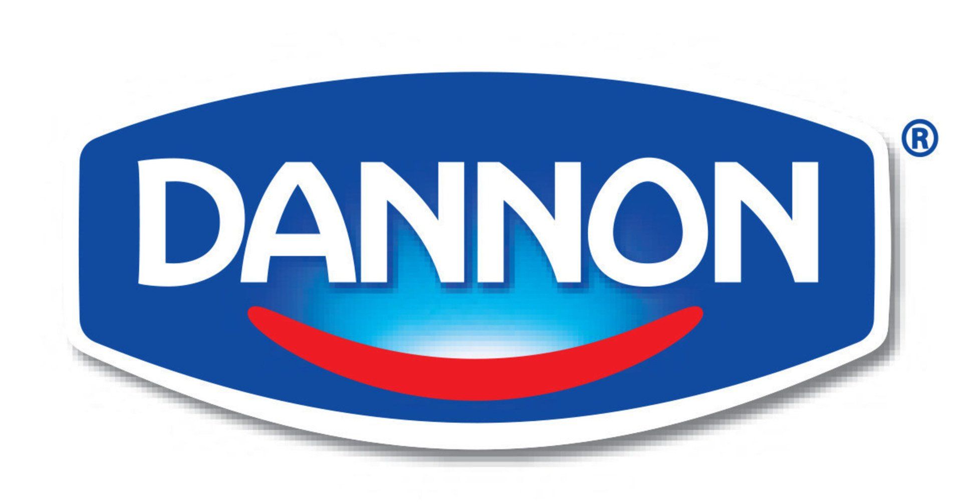 A blue and red logo for dannon with a smile on it.