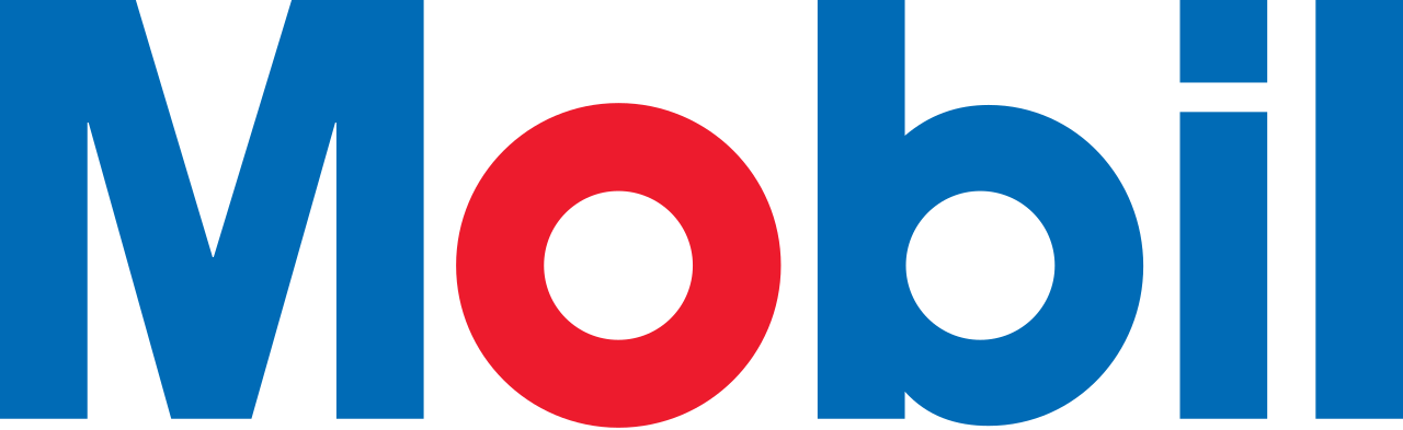 A blue and red logo for mobil on a white background.