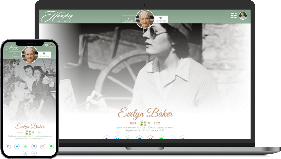 Website mockup on laptop and phone showing a vintage black-and-white portrait with soft green accents