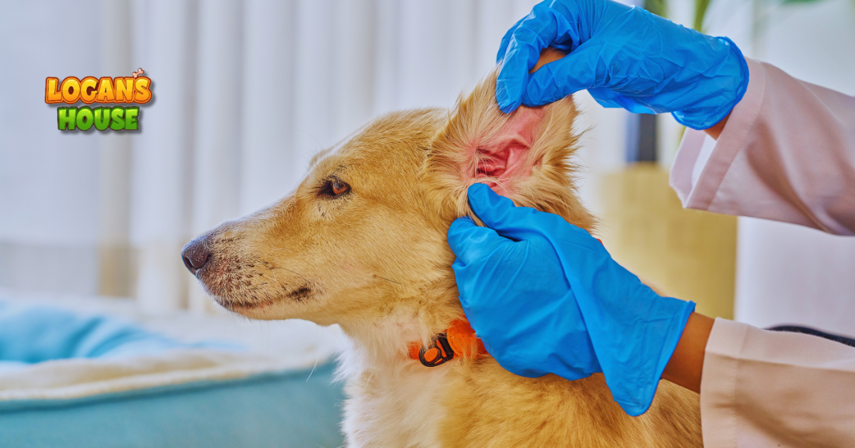 Groomer gently checking a dog’s ear for infection at Logan’s House in Gurnee, IL