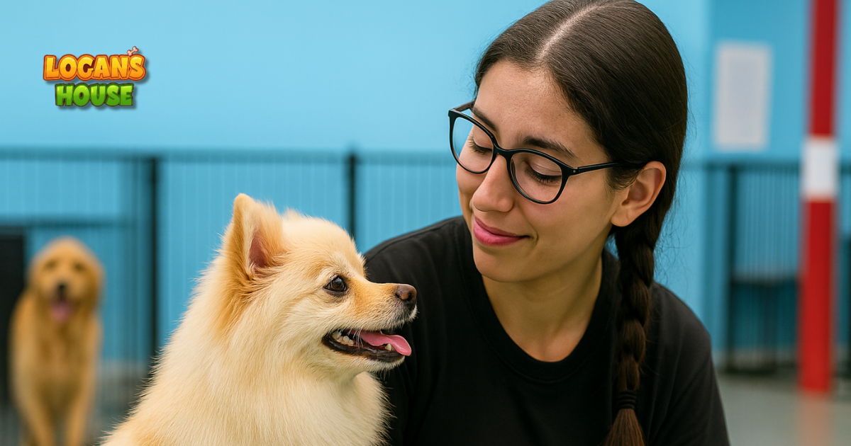 Caregiver bonding with small dog at Logan’s House dog daycare in Gurnee, IL