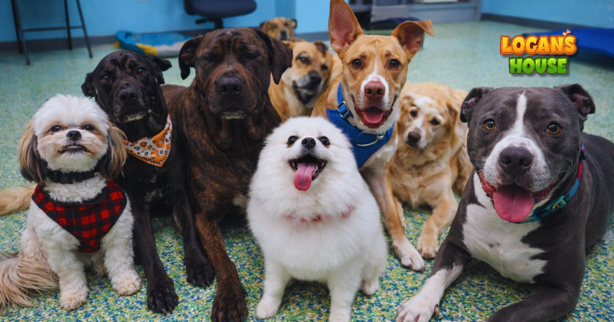 Group of happy dogs sitting together during supervised dog daycare at Logan’s House in Gurnee, IL, s