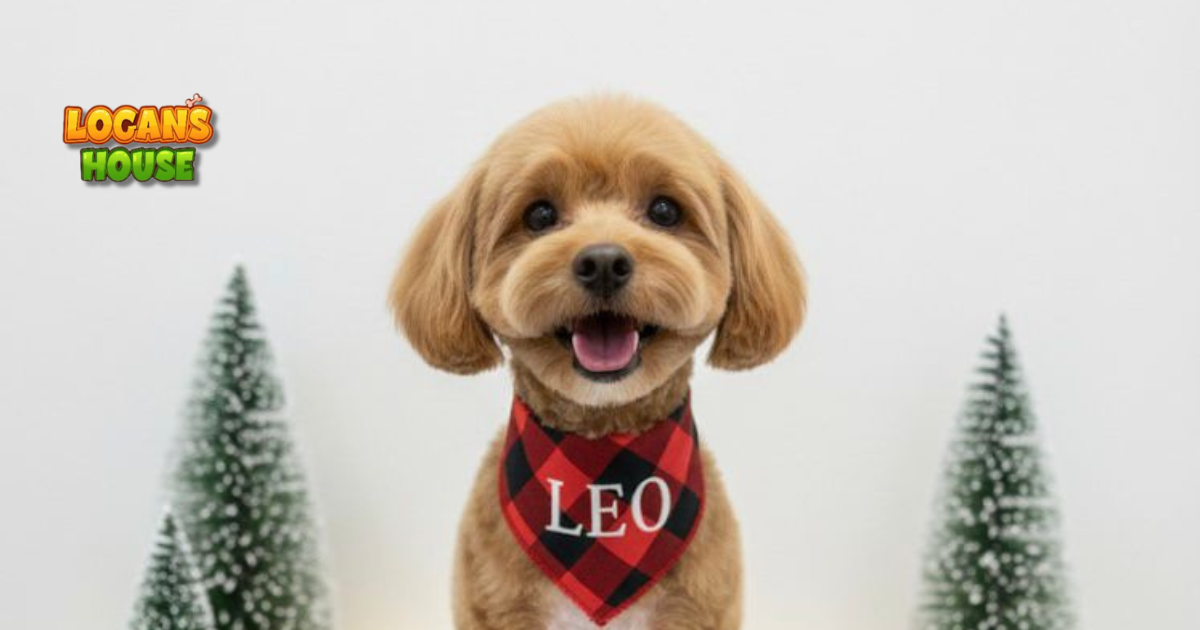Small dog freshly groomed for the holidays wearing a bandana at Logan’s House in Gurnee, IL