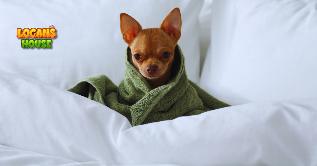 Small dog wrapped in a blanket resting comfortably during boarding at Logan’s House in Gurnee, IL