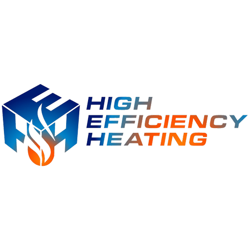 Logo for "High Efficiency Heating" featuring a blue isometric cube icon with a central orange flame graphic.