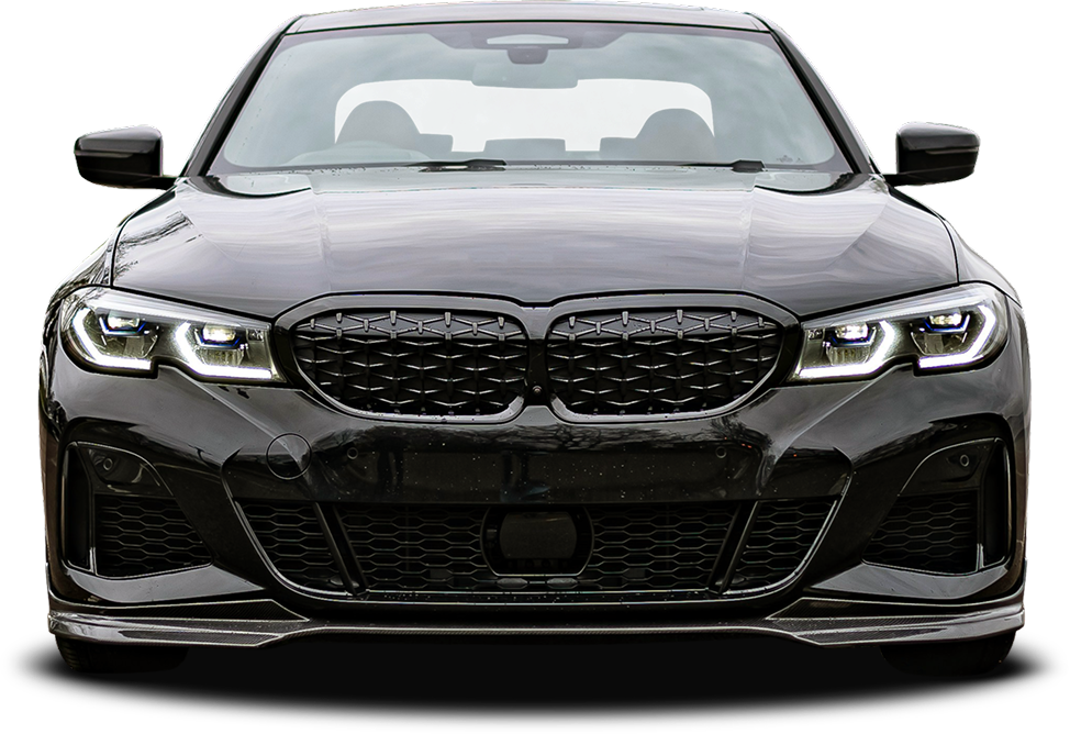Black BMW sedan with illuminated headlights and a black grille, frontal view. | ECP Auto Service