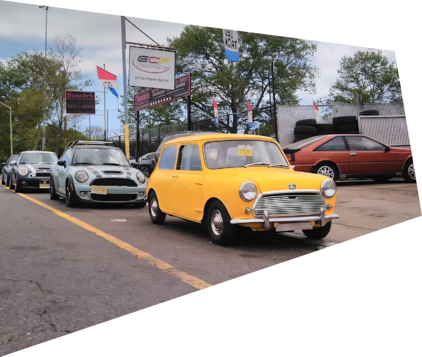 Yellow classic Mini Cooper car in front, followed by other cars. Street setting. | ECP Auto Service