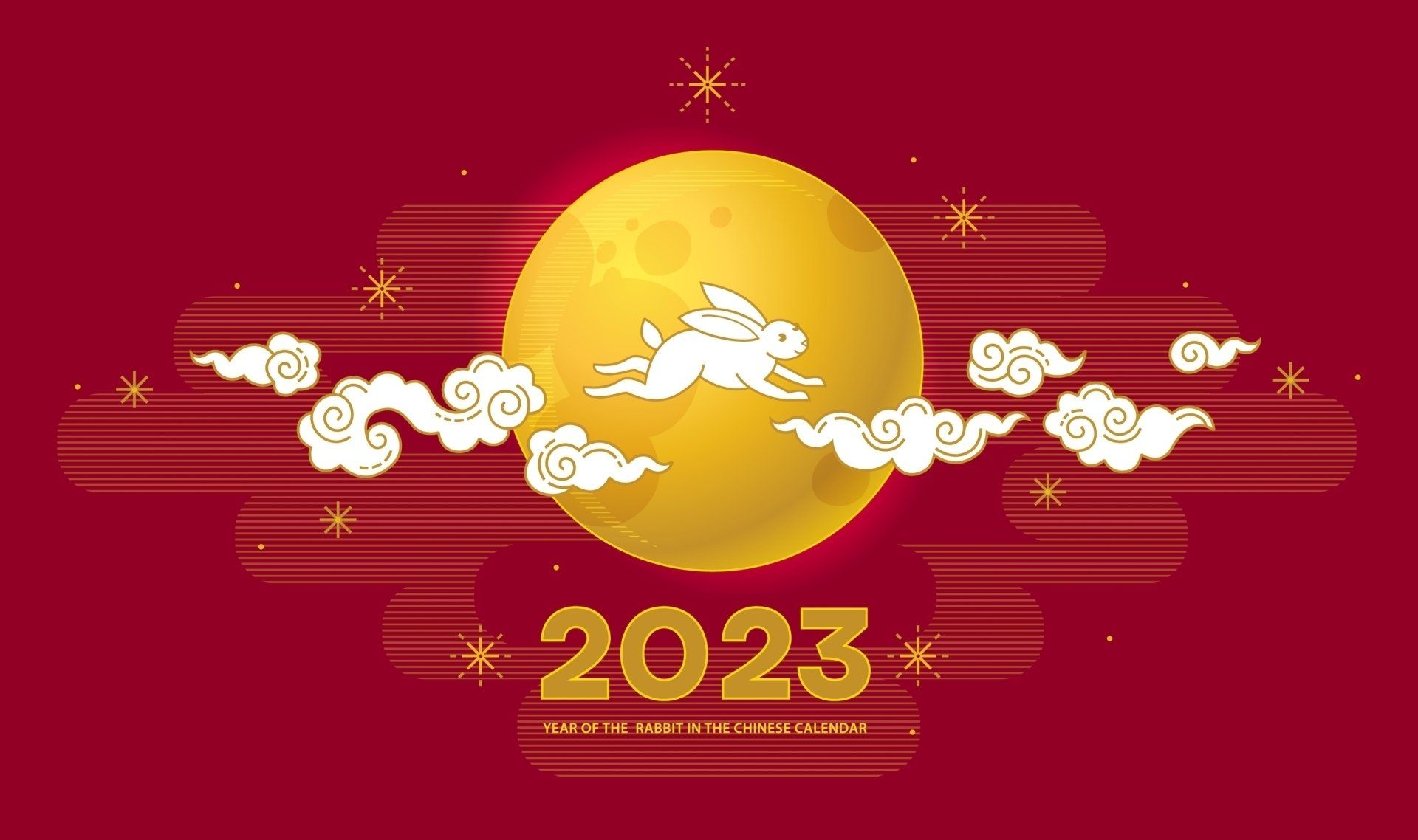 Stylised White Rabbits against a red background and golden moon with the year digits 2023