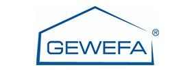 A blue and white logo for a company called gewefa.