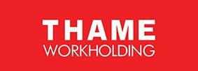 A red background with white text that says thame workholding