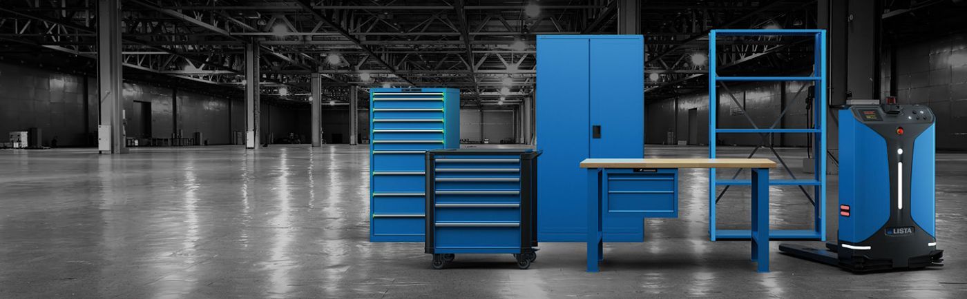A bunch of blue tools are sitting in a warehouse.