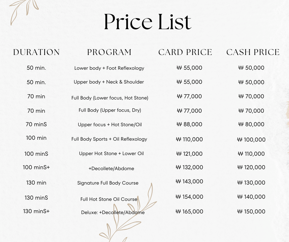 A price list for a massage salon with a duration , program , card price , and cash price.