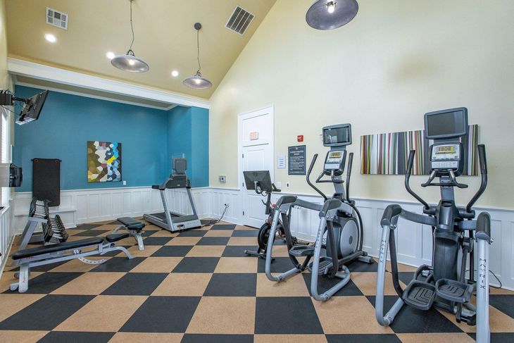Gym with exercise equipment on a checkered floor. Includes treadmills, ellipticals, and free weights.