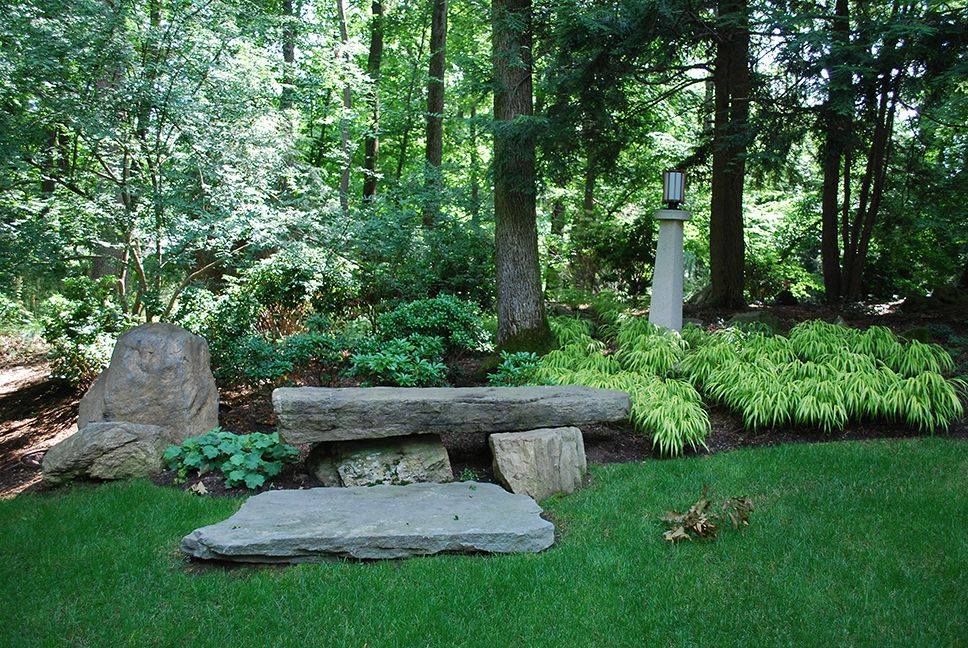 A stone bench is sitting in the middle of a lush green forest.