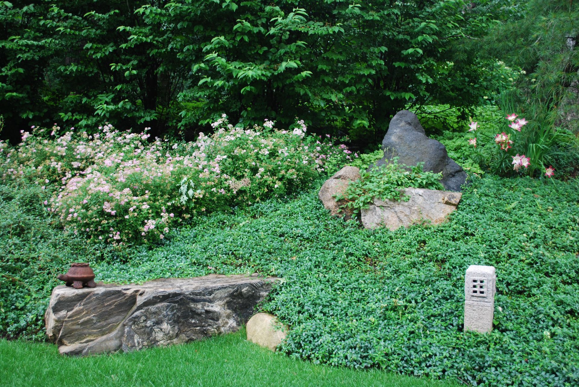 A rock in the middle of a garden surrounded by plants and trees.