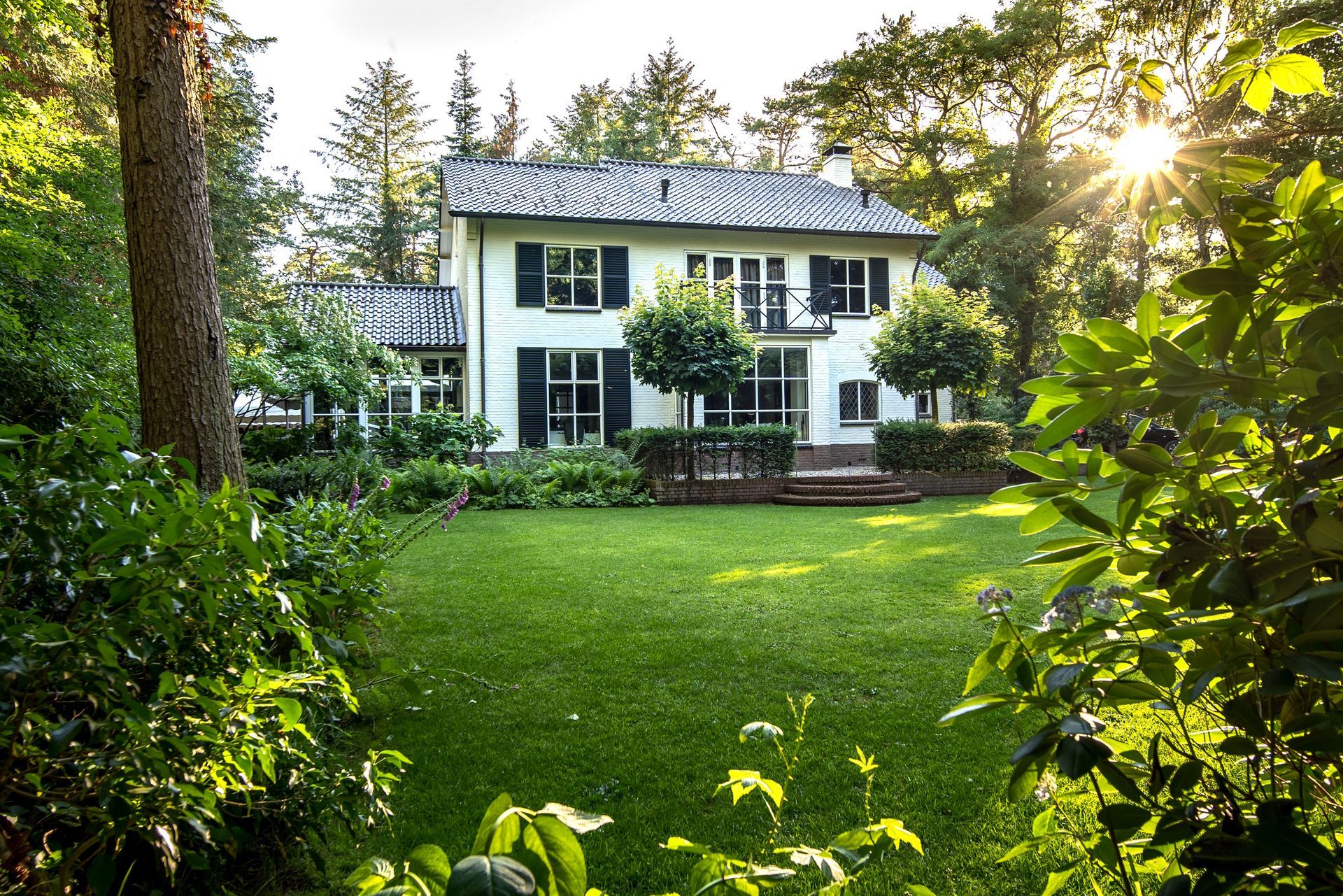 A large white house is surrounded by trees and grass