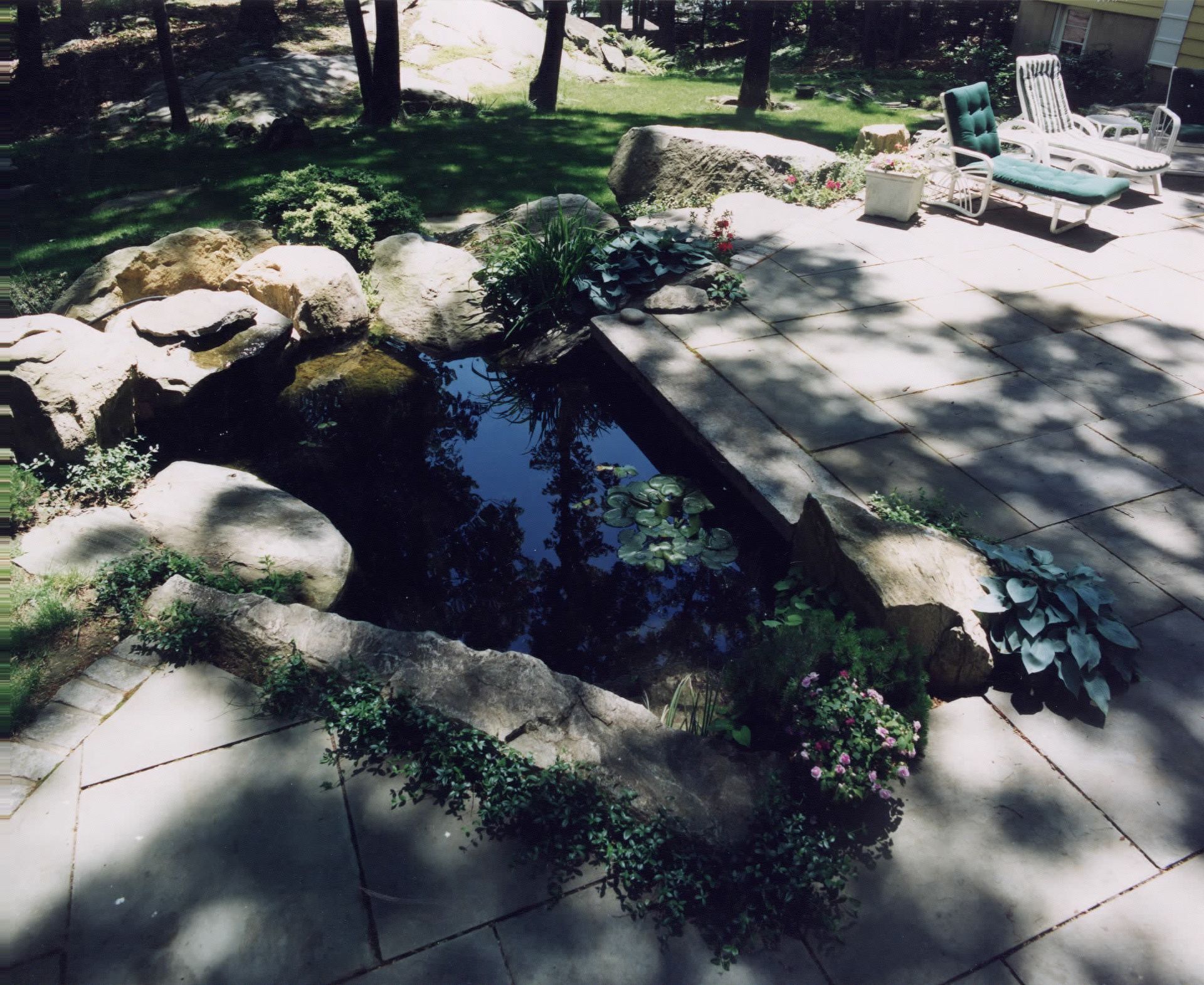 A small pond surrounded by rocks and plants on a patio