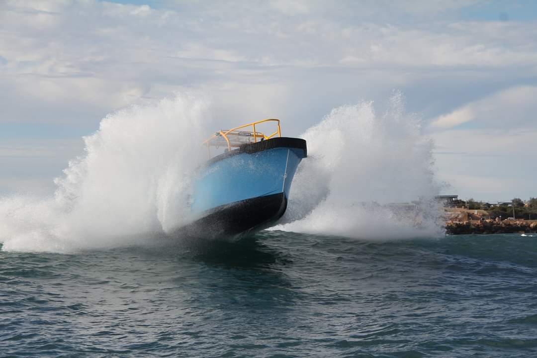 The Nelson Point a line handling vessel operating in WA busting through some swell