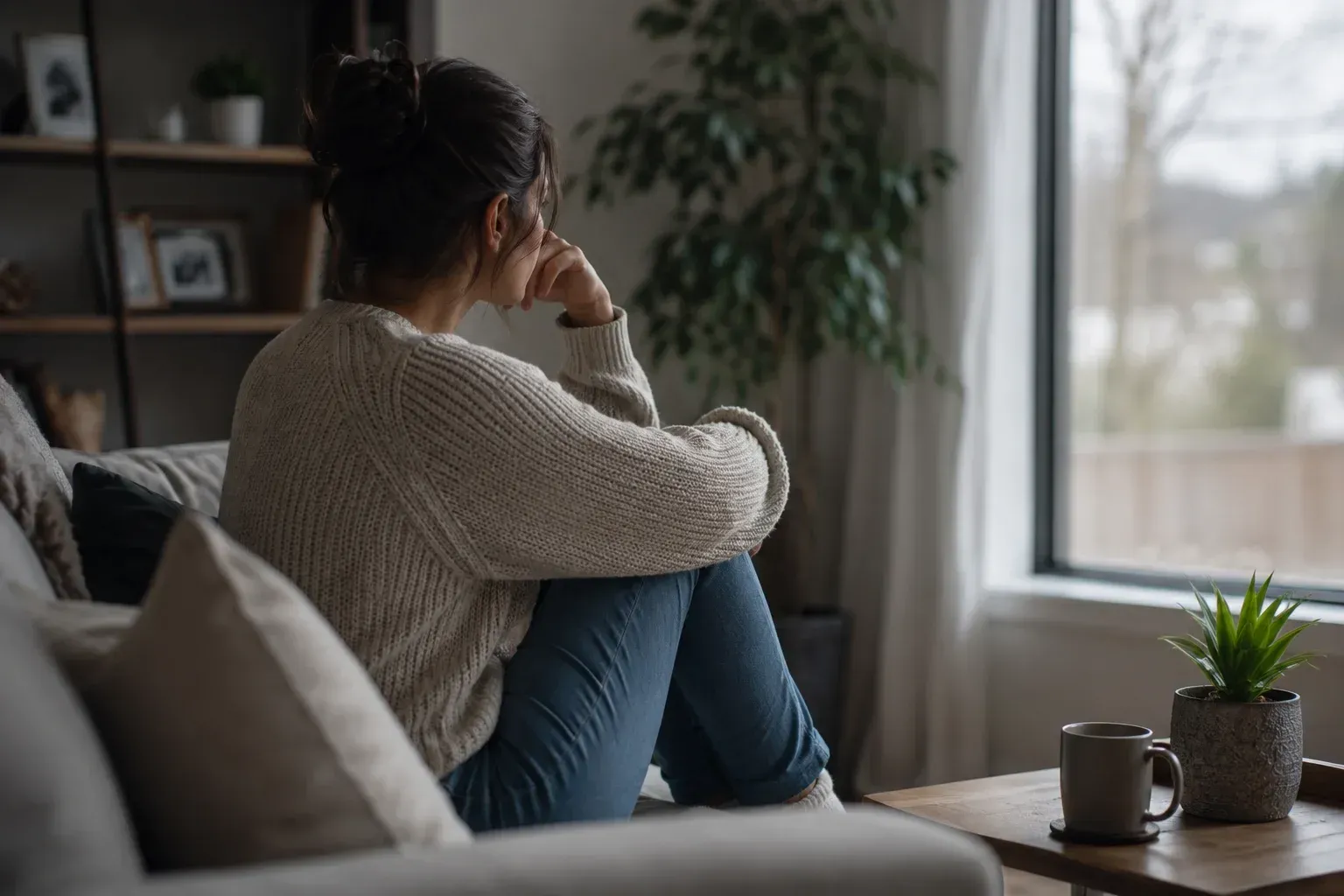 A worried woman on a couch illustrating how does codependency develop.