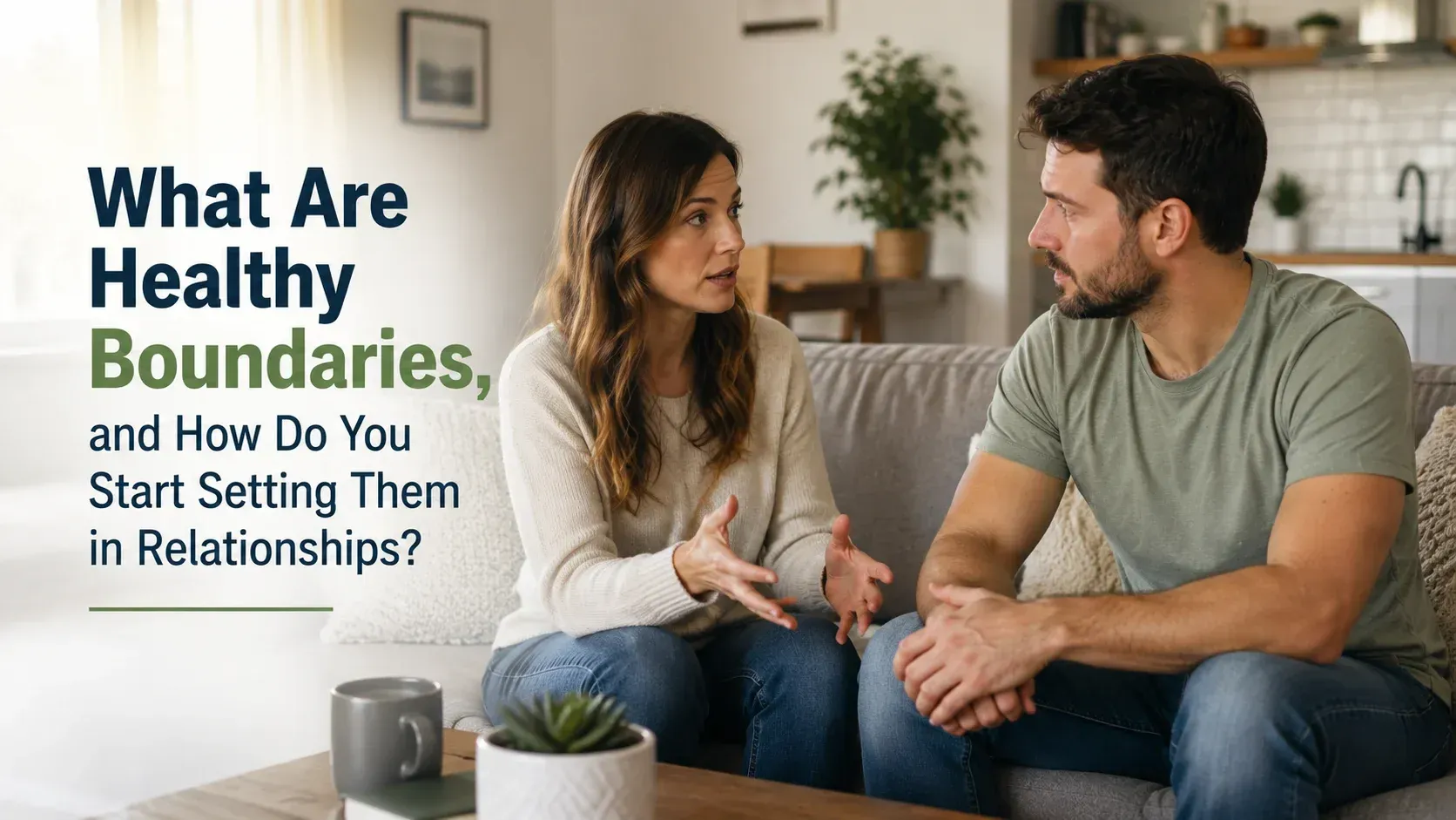 A woman expressing her thoughts to her partner during a conversation about healthy boundaries and how do you start setting them.
