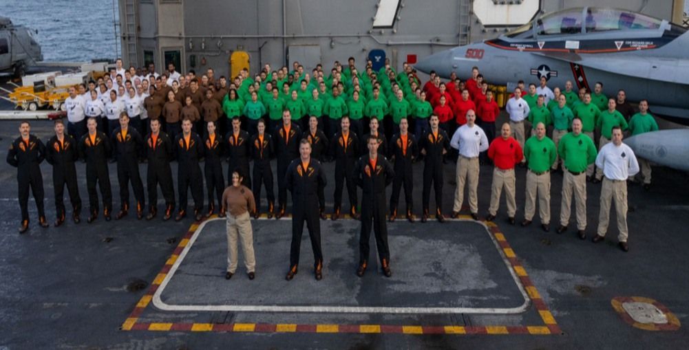 Group of people in colored uniforms on an aircraft carrier deck