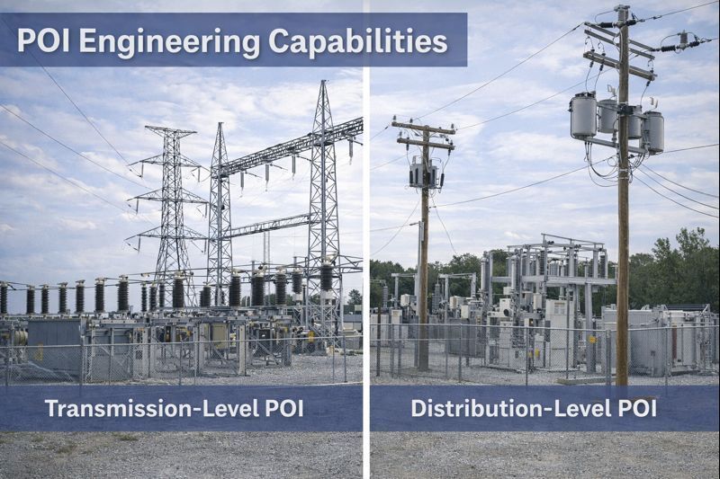 Two technicians in hard hats inspect electrical panel, one using a laptop in a control room.