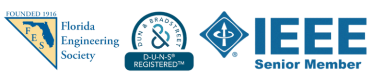 Logos: Florida Engineering Society, D&B Registered, IEEE Senior Member.