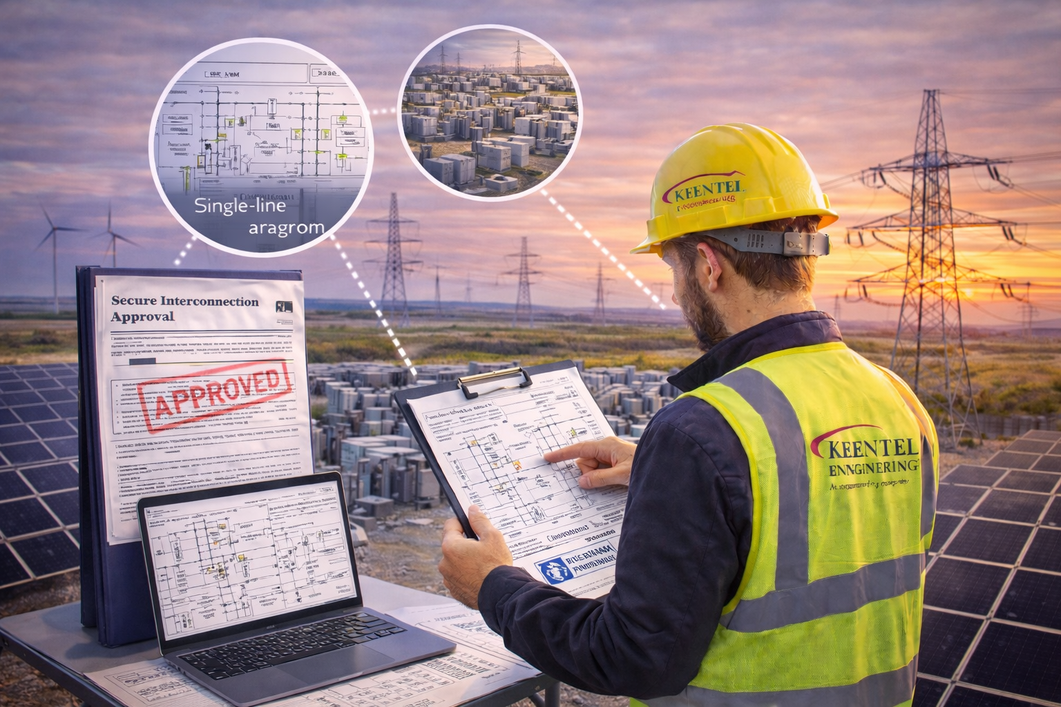 Two technicians in hard hats inspect electrical panel, one using a laptop in a control room.