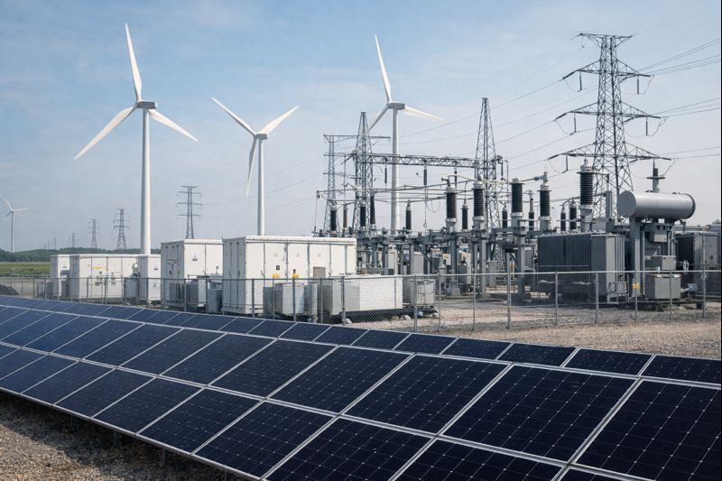 Two technicians in hard hats inspect electrical panel, one using a laptop in a control room.