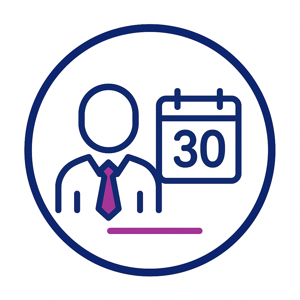 Person with calendar showing date 30, inside a blue circle.