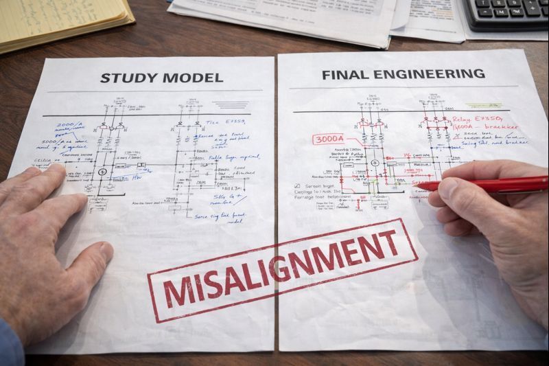 Two technicians in hard hats inspect electrical panel, one using a laptop in a control room.