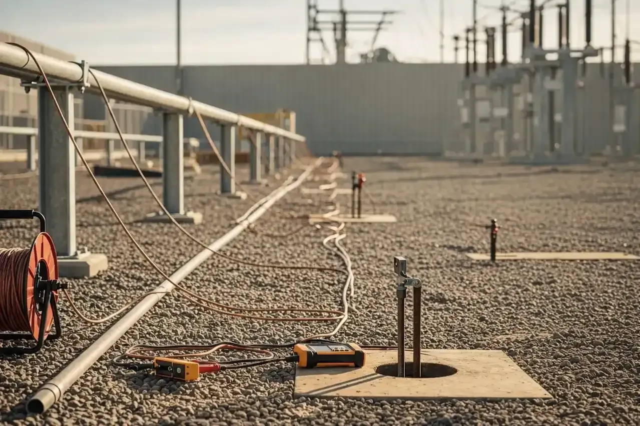 Electrical testing equipment and wiring set up on a gravel ground at a power substation.