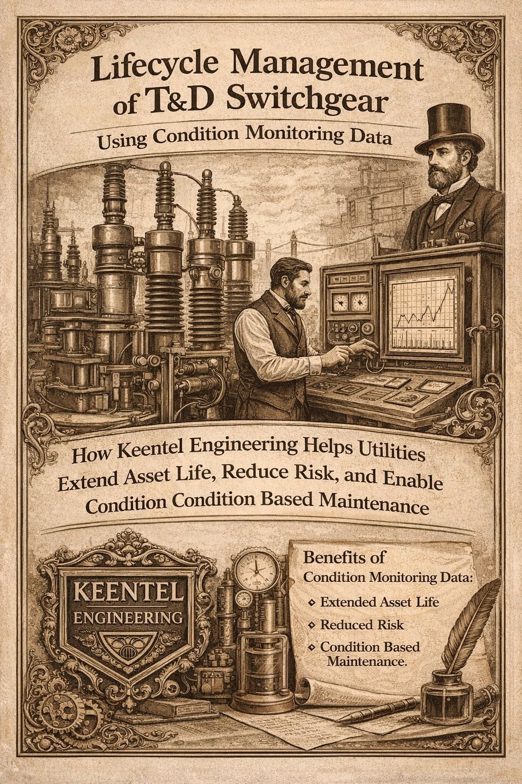 Lifecycle management of T&D switchgear using condition monitoring data, showing engineers analyzing 
