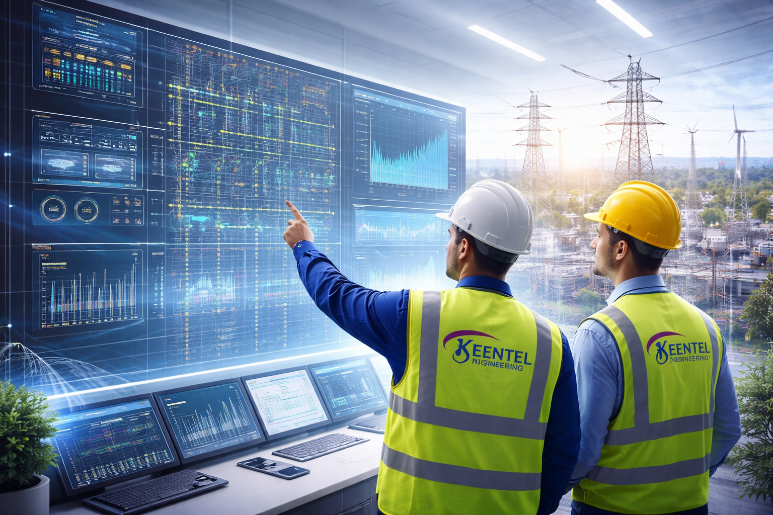 Two technicians in yellow hardhats working on electrical equipment, one using a laptop.