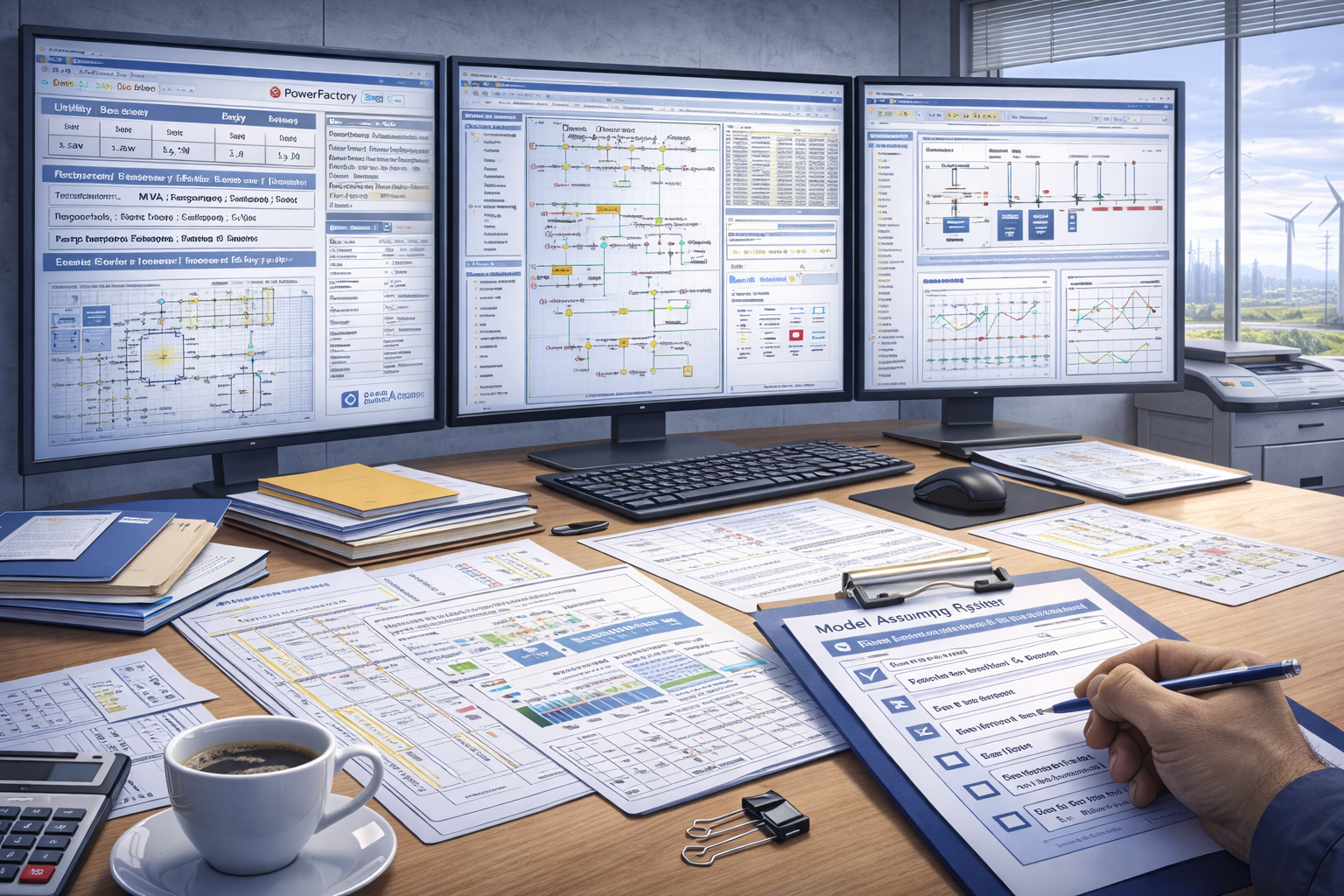 Two technicians in hard hats inspect electrical panel, one using a laptop in a control room.