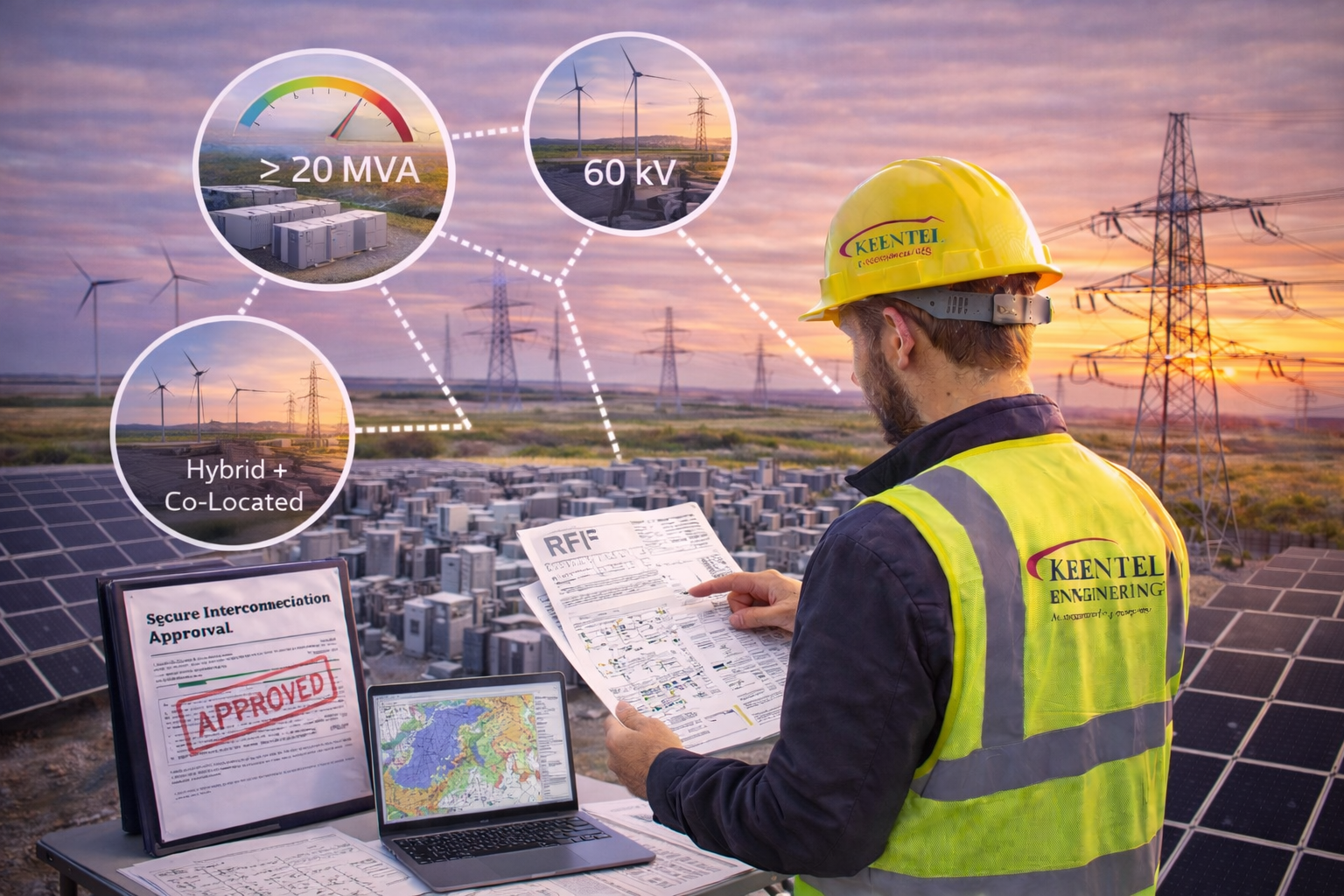 Two technicians in hard hats inspect electrical panel, one using a laptop in a control room.
