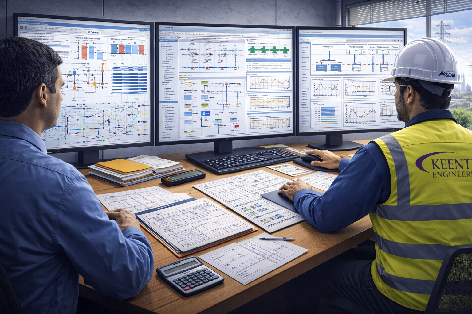 Two technicians in hard hats inspect electrical panel, one using a laptop in a control room.