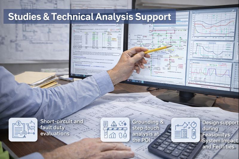 Two technicians in hard hats inspect electrical panel, one using a laptop in a control room.