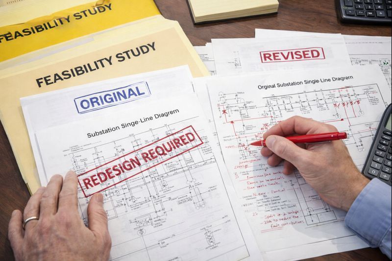 Two technicians in hard hats inspect electrical panel, one using a laptop in a control room.